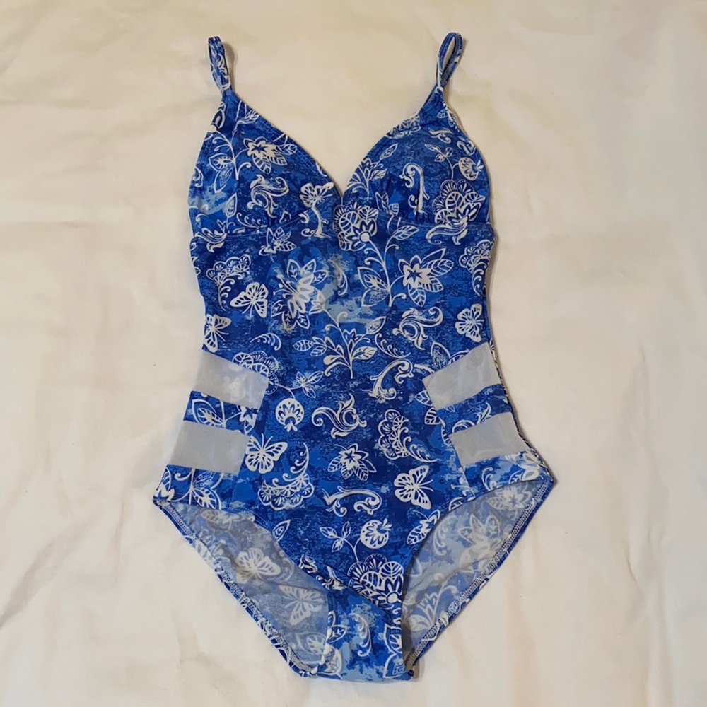 Bawdy Blue Tropical One Piece Swimsuit, Small